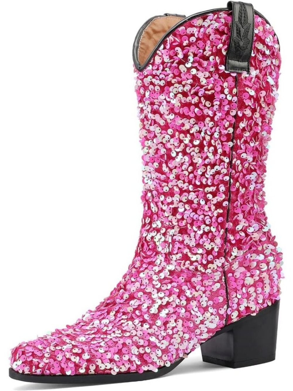Women's Hot Pink Sparkly Mid Calf Glitter Wedding Chunky Heeled Cowgirl Boots